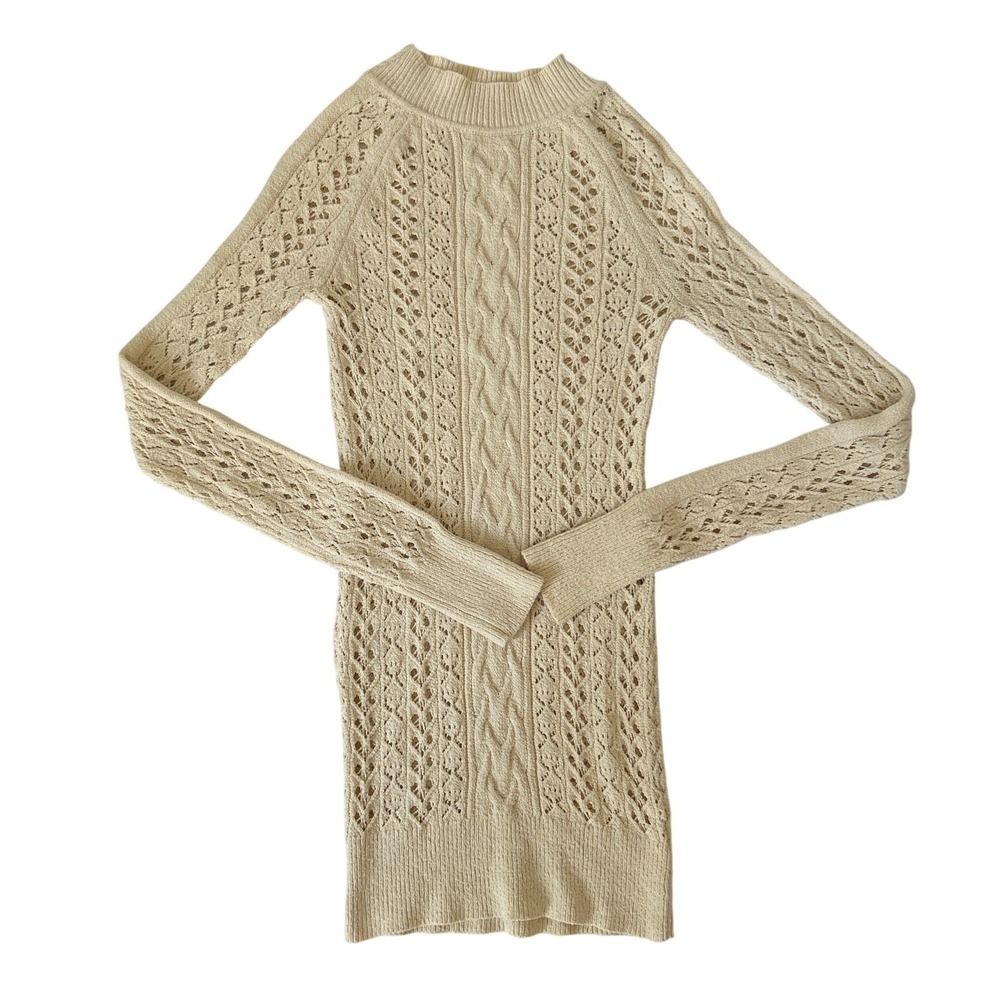 Free People Cream Open Knit Mock Neck Tunic Sweater S Cotton Pointelle Coastal